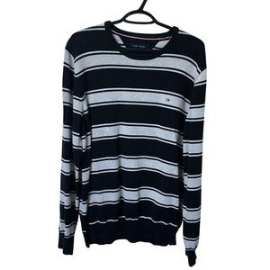 Tommy Hilfiger Sweater‎ XL Stripe Cotton Logo Black Gray Grandpa Knit